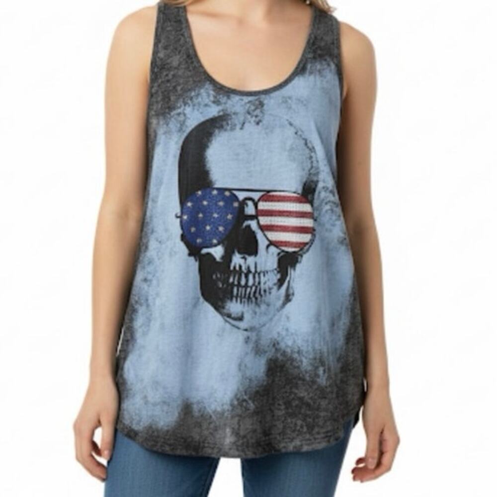 Rock & Republic Burnout Black Heather USA Stars & Stripes Skull Tank Top Size XL